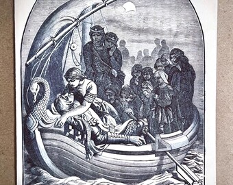 Tarjeta de felicitación en blanco, ilustración de libro con cita de "Morte D'Arthur" de Tennyson.