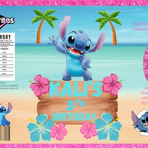 May include: A custom birthday party design featuring the character Stitch from Lilo & Stitch. The design includes a wooden sign that reads "Kali's 5th Birthday", Stitch illustrations, palm trees, and a pink surfboard. The background is a beach scene with the Doritos logo.