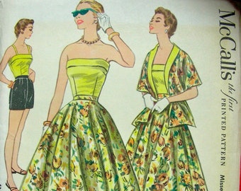 UNCUT * 1950's McCalls Pattern 3209 * Misses' Playsuit, Day To Evening Strapless Top Shorts Circle Skirt and Stole * Size 16 - Bust 34