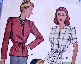 UNCUT *  1940's Vintage McCall Pattern 6411 High Fashion Ladies'  Peplum Jackets   - UNCUT - Size 12 - Bust 30 Sewing Pattern