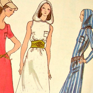 May include: Three women's dresses, one red, one white, and one blue and white striped. The red dress has short sleeves and a scoop neck. The white dress has a hood and a sleeveless design. The blue and white striped dress has long sleeves and a hood. All three dresses have a belt.