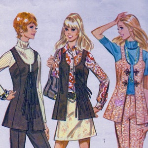 May include: Three women wearing different styles of vests. The woman on the left is wearing a brown vest with a turtleneck sweater and brown trousers. The woman in the middle is wearing a brown vest with a floral print shirt and a white skirt. The woman on the right is wearing a pink and white patterned vest with a blue turtleneck sweater and pink and white patterned trousers.