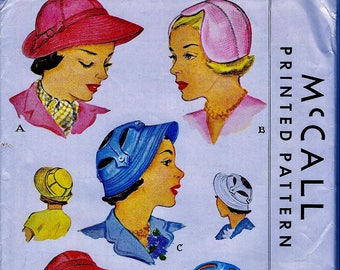 May include: A vintage McCall's sewing pattern for ladies' and misses' hats. The pattern includes instructions for making four different styles of hats, including a pink cloche hat, a blue cloche hat, a red beret, and a blue bucket hat. The pattern is printed on a light blue background with black text. The pattern number is 1506 and the head size is 22. The pattern is adjustable to fit a head size 1 1/2 inches larger or smaller.