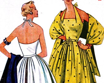 1950s Vintage Simplicity Sewing Pattern 4339  Misses' Evening Cocktail Halter Dress & Stole - size 12 bust 30 - Sewing Pattern