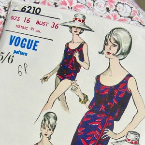 Vintage 1960's Vogue Pattern 6210  -Misses' One-Piece Bathing Suit, Slim Wrap Skirt and Pullover Top  - UNCUT - Size 16 * Bust 36