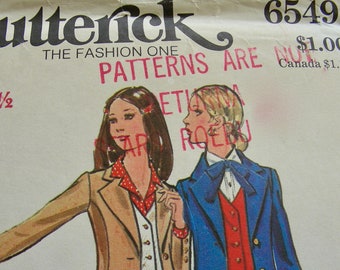 UNCUT * Vintage 1970s  Butterick Pattern 6549 / ADORABLE Misses' High-fitted Blazer V-neckline Vest A-line Skirt & Pants - Size 8, Bust 31.5