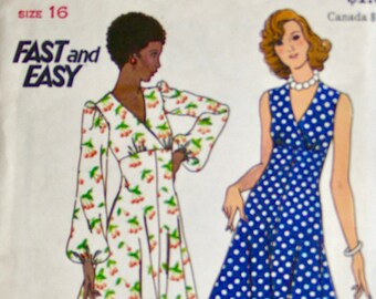 UNCUT 1970's Butterick Pattern 3636 /   CHARMING Misses'  High-waisted Dress, Surplice Bodice /  Size 16, bust 38 / Sewing Pattern