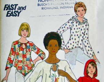 Butterick 4203  UNCUT Vintage Sewing Pattern / 1970's Misses' Close-fitting Tops Blouses Hooded Keyhole Shaped Hemline / Size 16 - Bust 38"