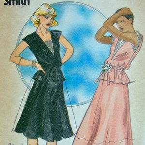 May include: A vintage sewing pattern featuring two women's dress designs. The dress on the left is black with a fitted bodice and a full skirt. The dress on the right is pink with a fitted bodice and a full skirt. The pattern is titled "Willi Smith" and includes instructions for making the dresses.
