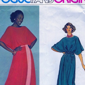 May include: A vintage Vogue Paris Original sewing pattern for a maxi dress with a long, flowing skirt and a tie at the waist. The pattern is for size 1344 and is designed by Jean Patou.