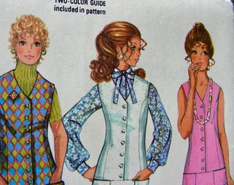 UNCUT Vintage 1970 McCall's Pattern 2425 - Lovely MOD Mini Dress Dropped Waist or Jumper & Blouse / Size 10, bust 32.5