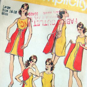 May include: A vintage sewing pattern for a simple sleeveless dress with a wrap-style front. The pattern is for sizes 16-18 and is illustrated with four different models wearing the dress in various poses.