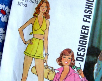 Simplicity Pattern 6928 UNCUT Vintage Designer Fashion Misses' Shirt-Jacket, Halter Top, Shorts and Wide-Leg Pants  / Size 10 or Size 12