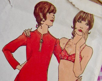 Vintage Swimsuit Pattern * 1970's VOGUE  Pattern 8308 -  Misses' Beach Cover-up & Swim Suit Bathing Suit - size 10, bust 32.5