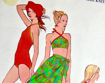 RARE UNCUT 1970's McCall's 3185  / FABULOUS Misses' Swim Suits and Skirt, Halter Tops, Bikini,One-piece  /Size 10 / Bust 32.5 Sewing Pattern