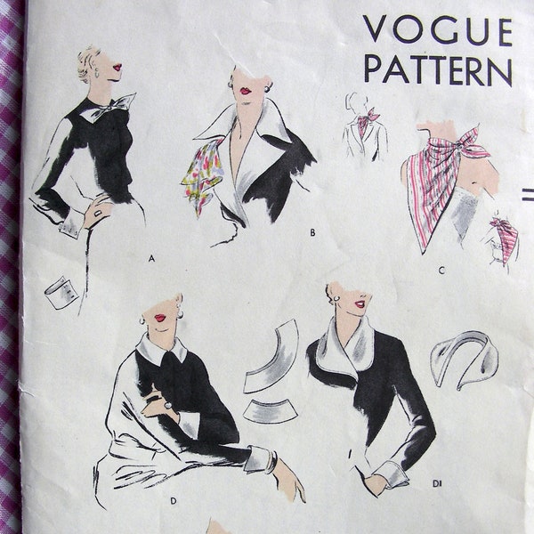 Vintage Sewing Patterns Vogue 6975 1940s Accessories Collars Cuffs Revers Scarves Girdle Belts - Size 12 / Bust 30 / UNCUT