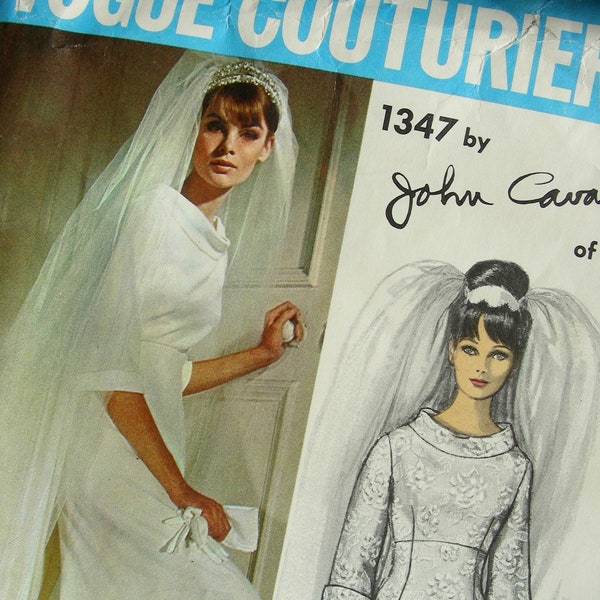 Vogue Couturier Design 1347; ca. 1964; John Cavanagh - One Piece Wedding Gown. Gown with or without Train + Label / Size 14, bust 34"
