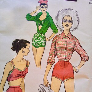 May include: Vintage fashion illustration featuring three women in retro swimwear and outfits. The designs include high-waisted shorts, patterned tops, and a green shirt. The color palette includes red, green, and white.