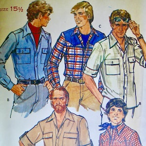 May include: Illustration of men's shirts in various styles. The shirts include a blue denim shirt, a plaid shirt with red and blue accents, a white shirt, a tan safari shirt, and a red and white checkered shirt. The image is a vintage fashion illustration.