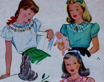 RARE / UNCUT * 1940s Vintage  McCall Sewing Pattern 1206  -  Girls' Peasant Blouses with Embroidery Transfers - Size 12, bust 30