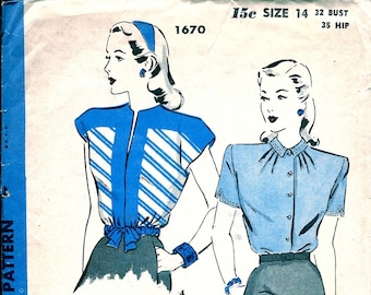 Vintage 1940s Blouse Pattern by Hollywood 1670 * Four Beautiful  Blouse variations * Size 14 * Bust 32