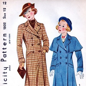 May include: A vintage Simplicity sewing pattern for a double-breasted coat. The pattern is for size 12 and includes instructions for making a brown and white plaid coat and a blue coat. The pattern is from 1934 and is priced at 15 cents.