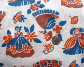 Vintage FEEDSACK Cotton Novelty Fabric - PRETTY LADIES in Ball Gowns with Umbrella 39 s, Fans Presents on White Background - 37 x 42