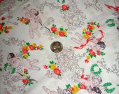 Sale Vintage Feedsack Cotton NOVELTY Fabric - Sweet CHERUBS, Hearts, Orange and Yellow Florals on White Background- 36 x 44 RARE