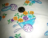 Vintage FEEDSACK Flour Sack Cotton Novelty Fabric - Cute Lavender Blue FLOWER CARTS on White Background - 32 x 40