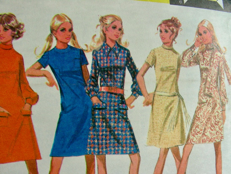 UNCUT Vintage 1970 McCall's Pattern 2549 Misses' Retro Dresses in Six Versions and Scarf / Size 16, bust 38 image 1