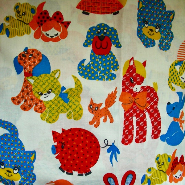 Vintage Cotton  Fabric - ADORABLE Baby Animals Calico Prints  - 35 x 44 - Turtles, Kittens, Puppy Dogs, Teddy Bears, Ponies, etc