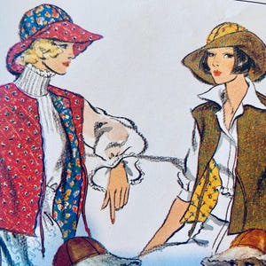 May include: A fashion illustration featuring two figures wearing white shirts and vests. The left figure wears a red floral quilted vest and matching hat. The right figure wears a brown vest with a yellow floral accent and a brown hat.