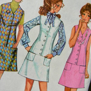 UNCUT Vintage 1970 McCall's Pattern 2425 Lovely MOD Mini Dress Dropped Waist or Jumper & Blouse / Size 10, bust 32.5 image 3