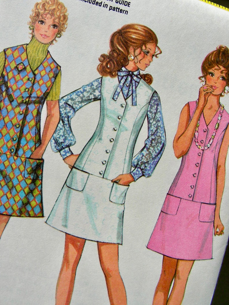 UNCUT Vintage 1970 McCall's Pattern 2425 Lovely MOD Mini Dress Dropped Waist or Jumper & Blouse / Size 10, bust 32.5 image 3