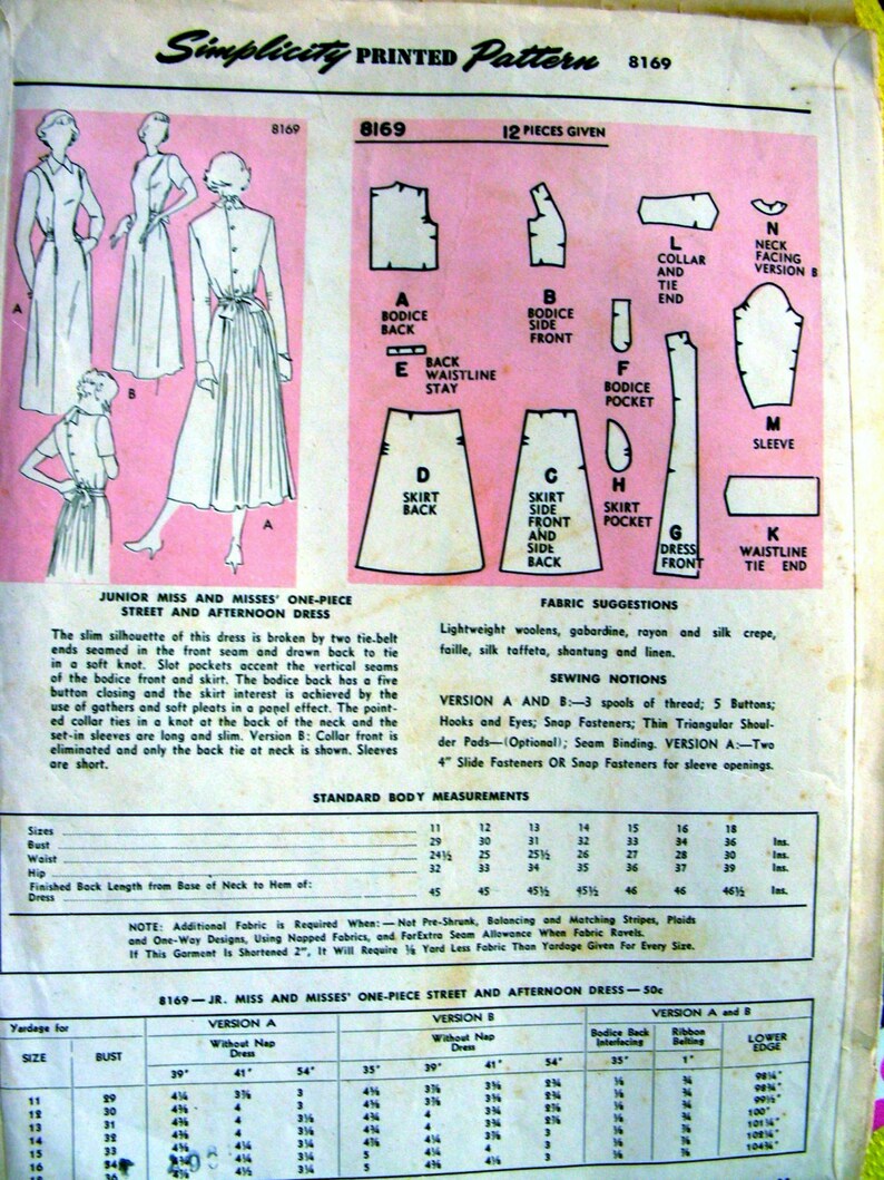 Size 16 UNCUT Fabulous Misses/' One Piece Dress RARE Vintage Simplicity Designer/'s Pattern 8169 Bust 34