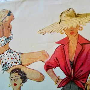 May include: Illustration of women in vintage summer attire. One woman is wearing a polka dot bikini and shorts, while another is in a red collared shirt tied at the waist, a wide-brimmed hat, and gold jewelry. The artwork has a retro style.