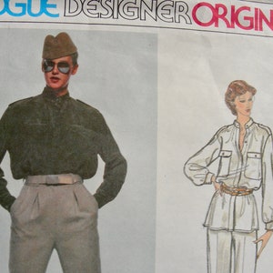 May include: A vintage sewing pattern featuring two illustrations of people wearing shirts and pants. The pattern is titled "Vogue Designer Original".