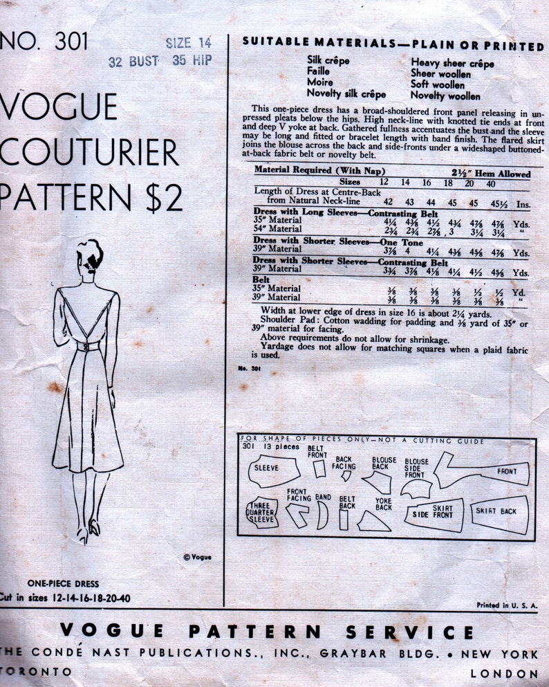 Elegant Misses One Piece Dress Frock Unique Neckline Size 14 Bust 32 Rare Vintage Vogue Couturier Pattern 301