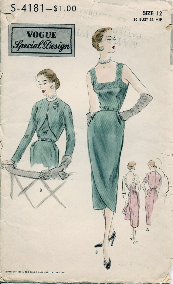 Vintage 1950/'s Sewing Pattern Vogue Evening Ball Gown /& Bolero Bust 31/" Hip 33/"
