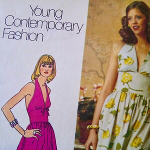 May include: Image of a vintage fashion illustration and a woman in a floral dress. The illustration features a woman in a pink halter dress. The text "Young Contemporary Fashion" is visible. The woman in the photo is wearing a light blue dress with yellow roses.