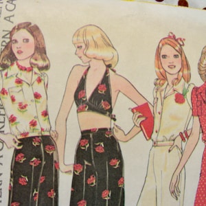 May include: A vintage sewing pattern featuring four women wearing different styles of clothing. The pattern includes a halter top, a blouse with a collar, a shirt with a collar, and a dress with a collar. The pattern is printed on a white background with black text.