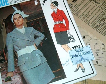 Prachtige Vintage VOGUE Paris Original Pattern 2232 door ontwerper PATOU 2-delig Pak maat 8 met Label UNCUT