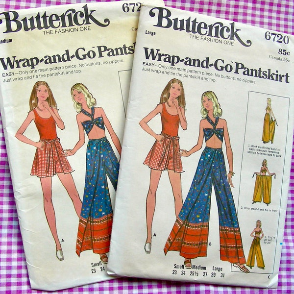 UNCUT Vintage 1970s Butterick Pattern 6720  - Misses' Wrap-and-Go Pantskirt and Scarf, Halter Top  /  Sizes Medium or Large