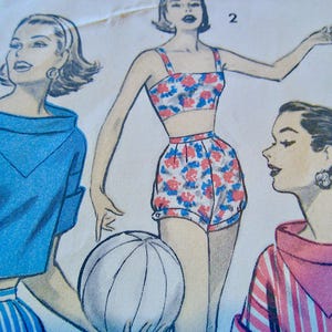 May include: A vintage fashion illustration depicting three women in retro outfits. One wears a blue top and striped skirt, another a floral print crop top and shorts, and the third a striped top. The illustration is in a classic style.