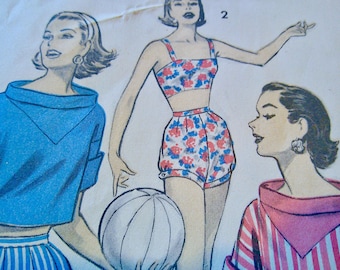 1950's Advance Pattern 8016 - Misses' Sports Separates, Romper Pants, Cropped Top, Contrast Yoke / Size 14, bust 32 UNCUT Sewing Pattern