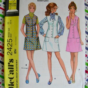 UNCUT Vintage 1970 McCall's Pattern 2425 Lovely MOD Mini Dress Dropped Waist or Jumper & Blouse / Size 10, bust 32.5 image 2