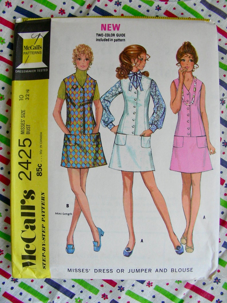 UNCUT Vintage 1970 McCall's Pattern 2425 Lovely MOD Mini Dress Dropped Waist or Jumper & Blouse / Size 10, bust 32.5 image 2