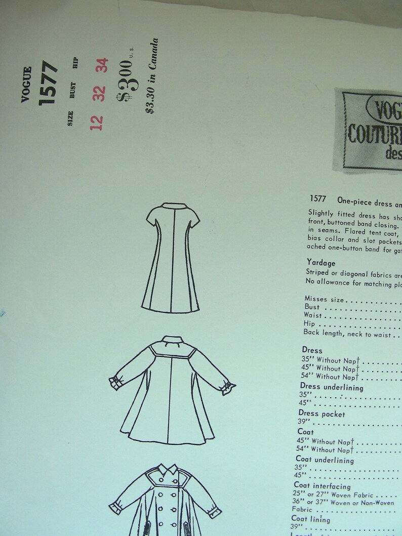 Patron de couture vogue couturier design 1960 pour robe femme
