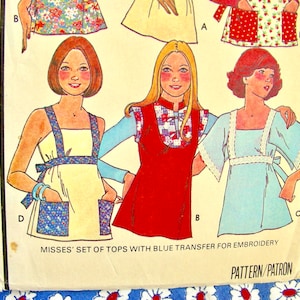 UNCUT Vintage 1970s McCall&#39;s Pattern 5453  -  Misses&#39; Set of Tops with Blue Embroidery Transfers  / Sizes 10-12
