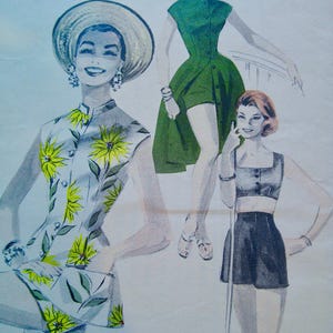 May include: Vintage fashion illustration featuring three women in stylish outfits. One woman wears a floral print top and shorts with a straw hat. Another is in a green dress with shorts, and the third is in a two-piece outfit. The illustration is in a retro style.